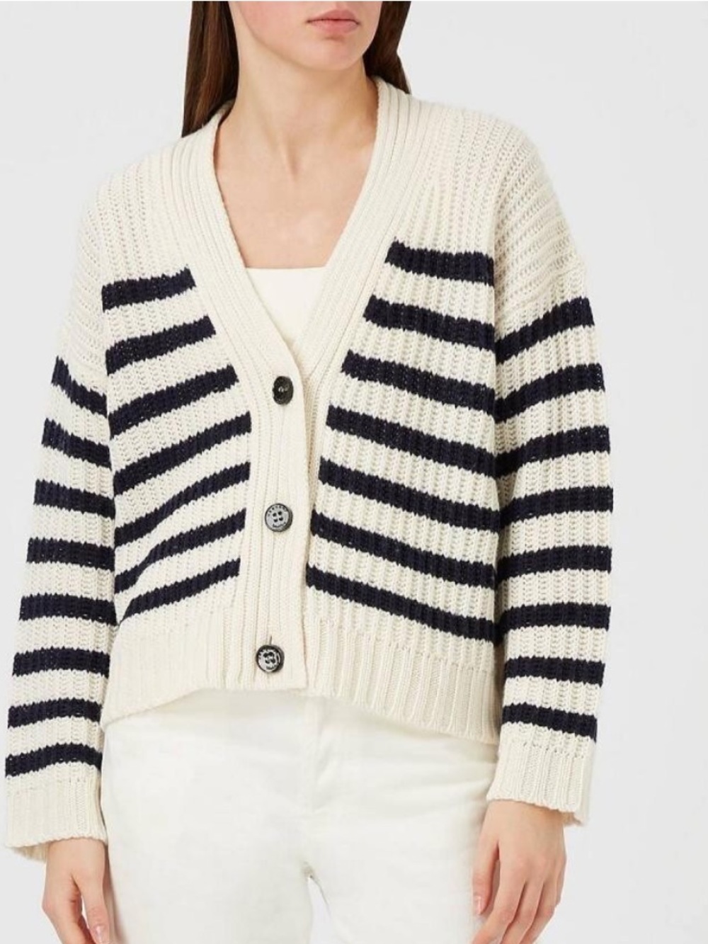 Weekend by Max Mara striped fisherman wool chunky cardigan sweater navy white